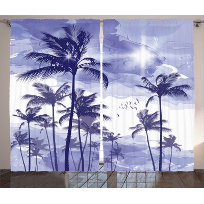 Ocean Decor Curtains 2 Panels Set, Contemporary Illustration Of Exotic Tropical Tall Palm Trees At Cloudy Sunset On Windy Day Decor, Living Room Bedroom Accessories, By Ambesonne   